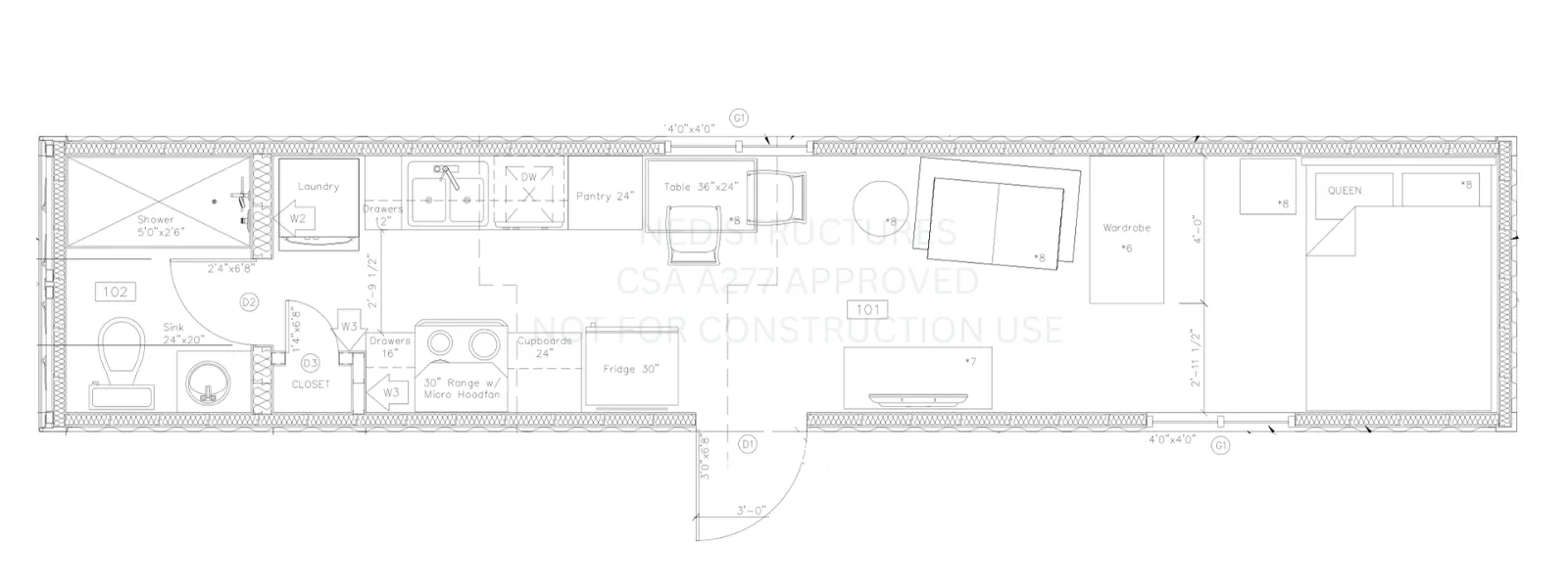 40ft 1-Bedroom CSA A277 modular home floor plan by NED Living