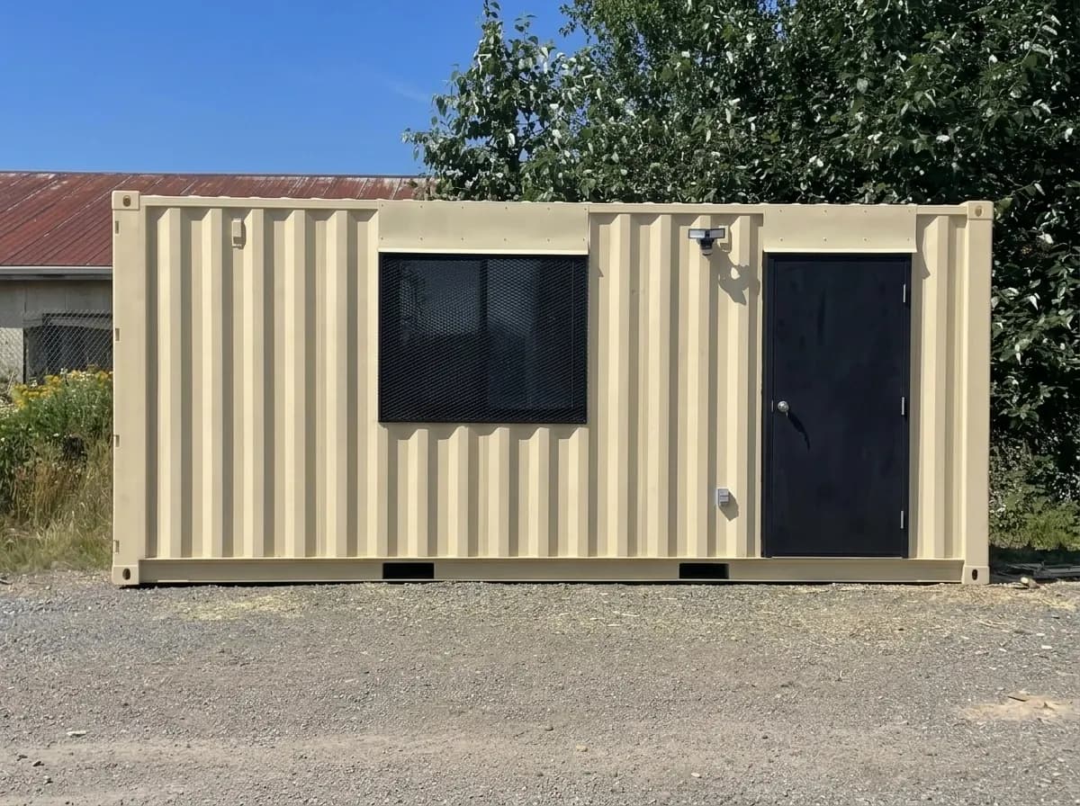 Modular container office exterior with window and steel door by NED Structures