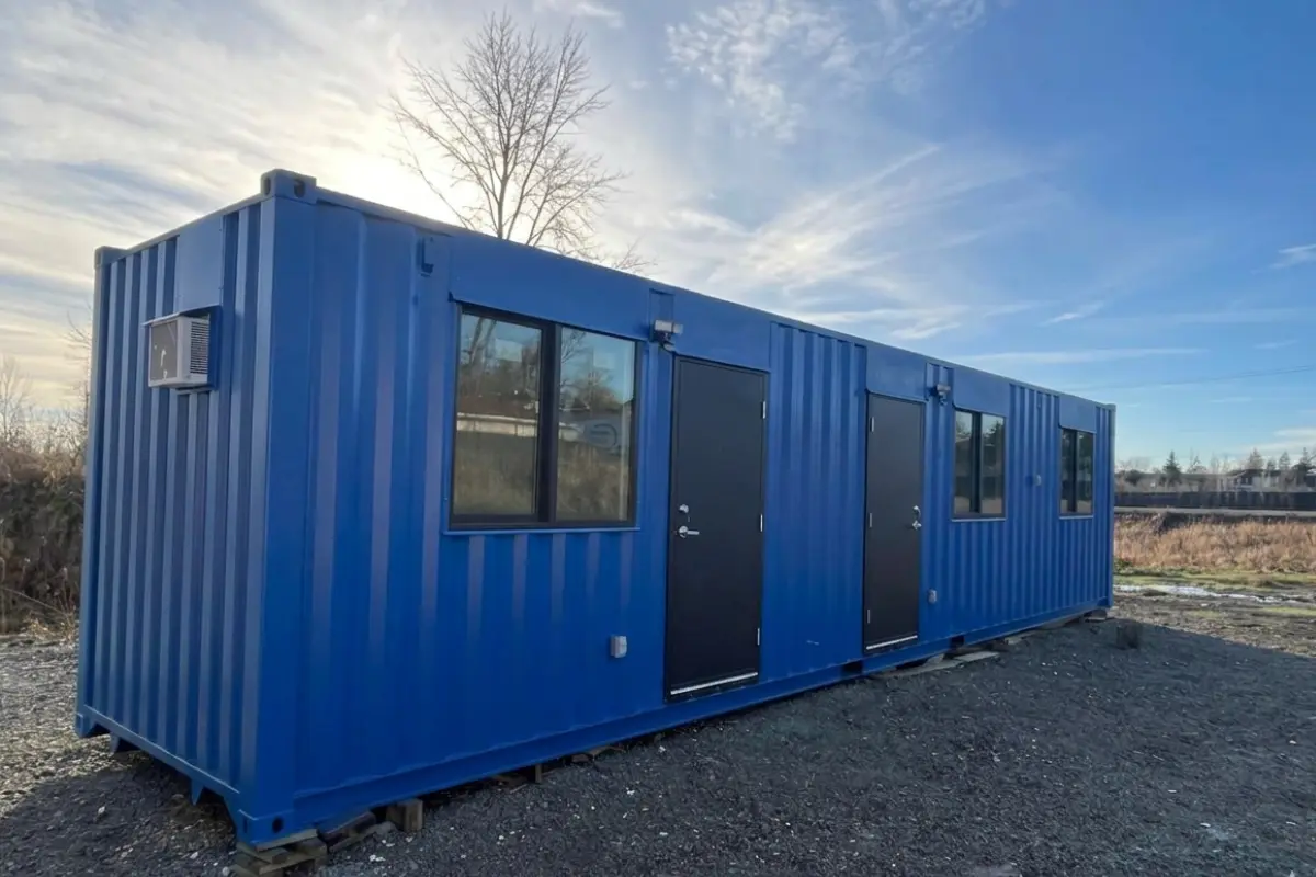 40ft blue container lunchroom exterior in British Columbia